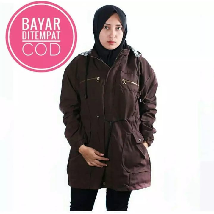 JAKET PARKA WANITA KANVAS JAKET CEWEK KOREA HOODIE KEREN TERBARU COKLAT