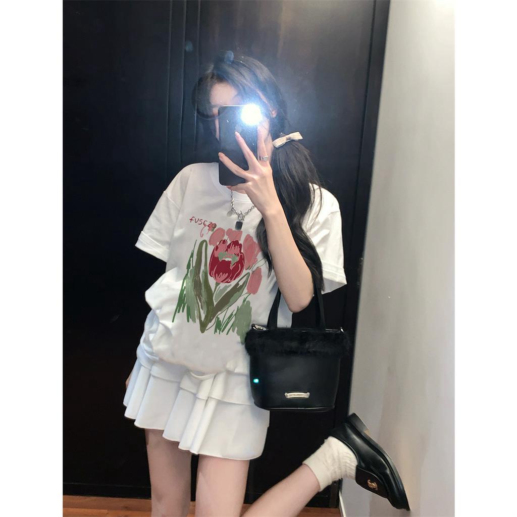 EUNII T-shirt Lengan Pendek Cartoon Oil Painting Flowers Korean Style/Kaos Atasan Wanita/Baju Kaus Oversize Wanita/Kaos Wanita