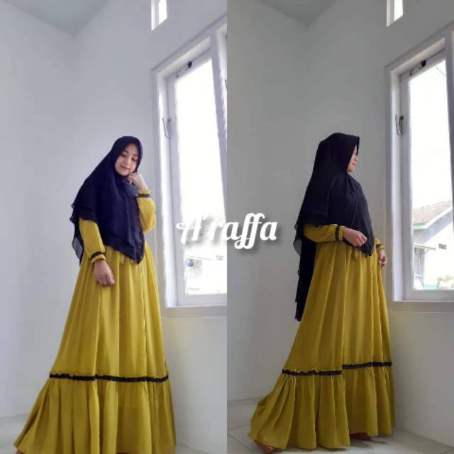 Gamis syari ceruty babydoll ultimate serut kuning lemon arraffa