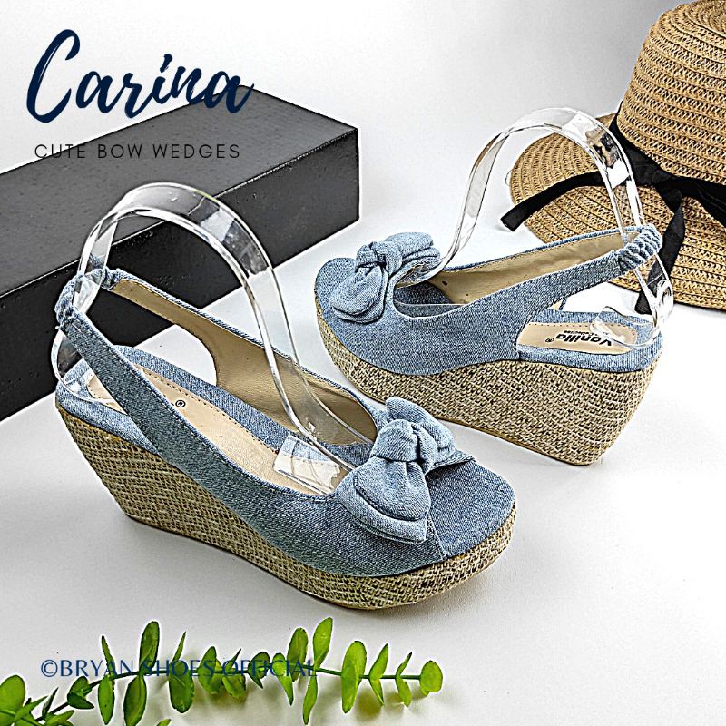 Bryan Carina Wedges Sandal 9cm Suede Denim Slingback Pita Pesta Levis Jeans 9cm Biru Mocca