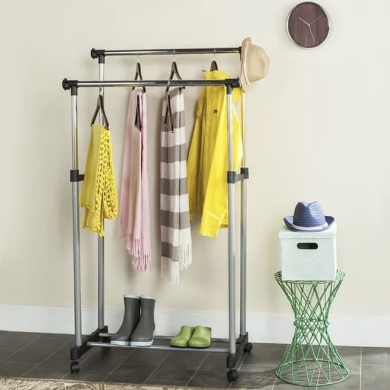 Stand Hanger Double Rod Rack / Rak Gantung Pakaian 2 Lapis Rak Serbaguna Baju Gantungan Roda Laundry Pajangan Display Stand Hanger RAK1 MAKASSAR