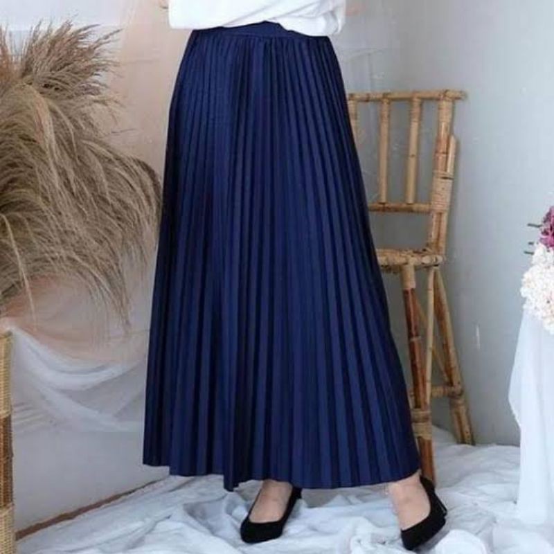 ROK PLISKET MURAH PRISKET PLEATED SALE POLOS REMPEL MUSLIMAH SKIRT ABG FLARE SKIRT MAYUNG FLOWY-NAVY