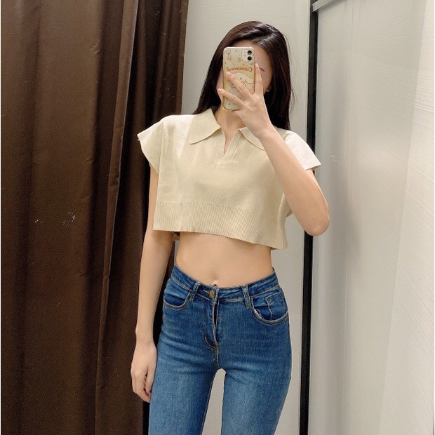 XIAOZHAINV Korean Vneck Crop Top Blouse Polo Shirt Atasan Wanita