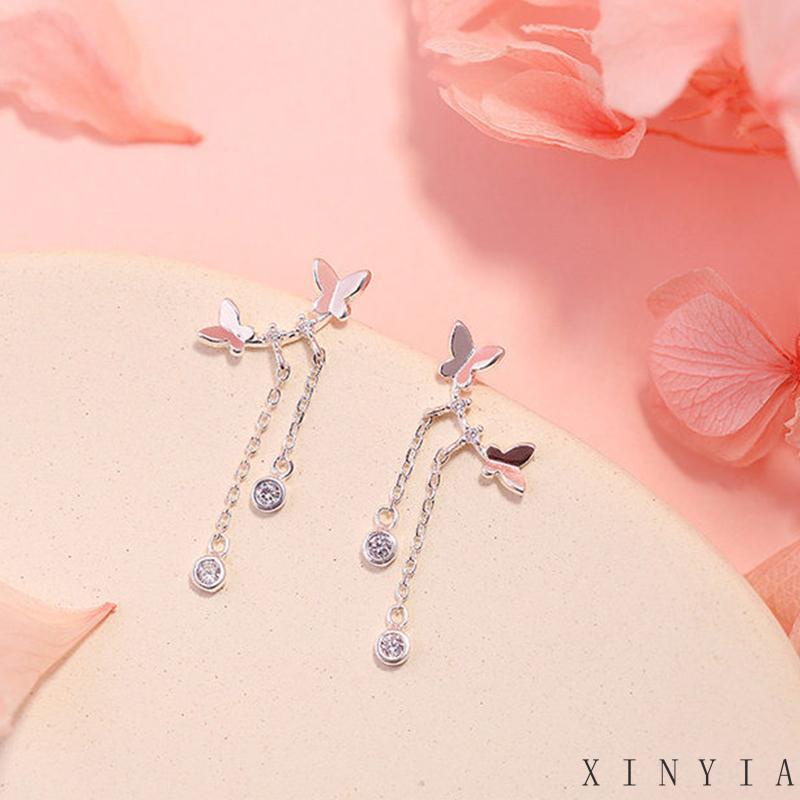 【Bayar di tempat】Anting Gantung Silver Bentuk Kupu-kupu untuk Wanita Earrings Kupu-kupu Rumbai Panjang Kawat Telinga Perhiasan Earring Women Jewelry