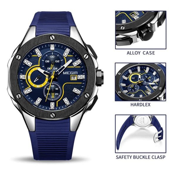 MURAH -  Jam Tangan Pria Original Analog Chronograph MEGIR 2053 Water Resist Emas