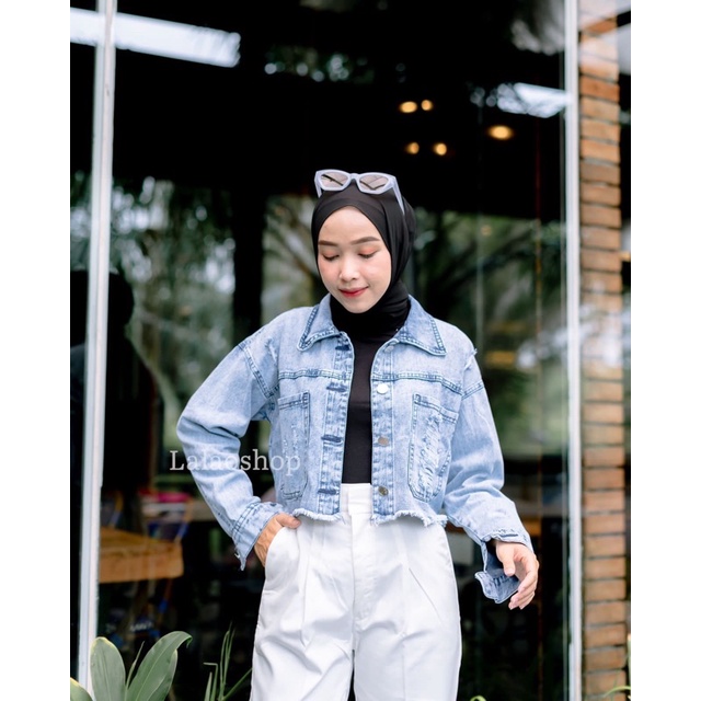 Destroy Ripped Crop Premium Jacket Jeans | Jaket denim jeans sobek wanita