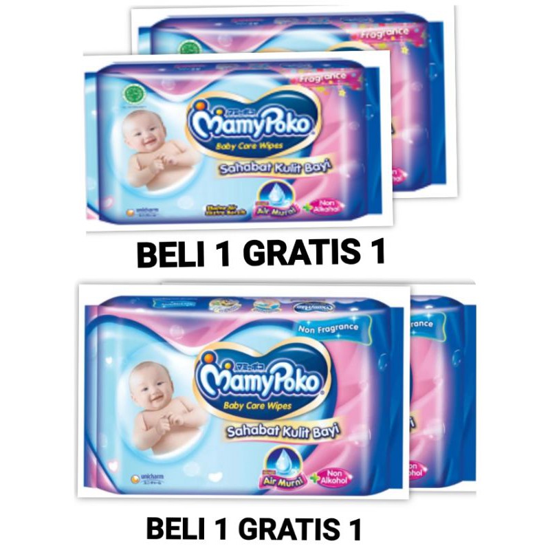 MAMYPOKO BABY CARE WIPES TISU BASAH  52 SHEET BELI GRATIS 1