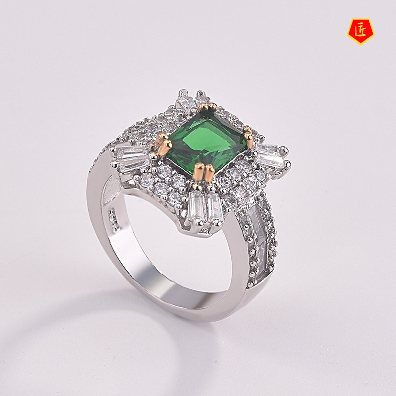 [Ready Stock]Inlaid Green Moissanite Square Ring Simple Fashion