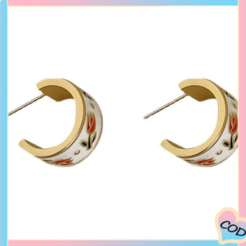 COD❤️Retro Musim Semi Tulip Lingkaran C Cincin Gaya Hong Kong s925 Sterling Silver Stud Earrings-A.one