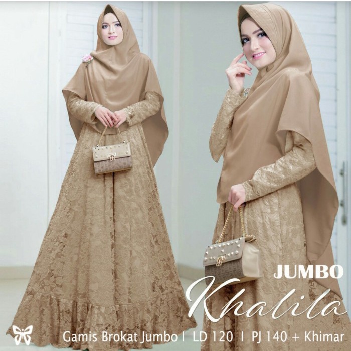 Gamis Wanita Syari Baju Wanita Muslim Khalila Jumbo Brukat + Hijab HQ Mocca Premium Gamis Bagus Dres