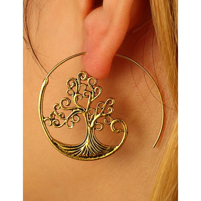 LRC Anting Tusuk Fashion Gold Round Carved Small Tree Spiral Earrings F59321