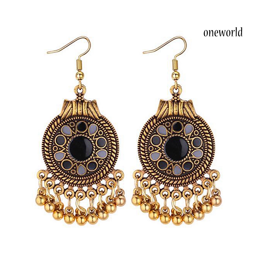 OW@ Women Ethnic Tassel Disc Flower Bead Pendant Long Dangle Hook Earring Jewelry