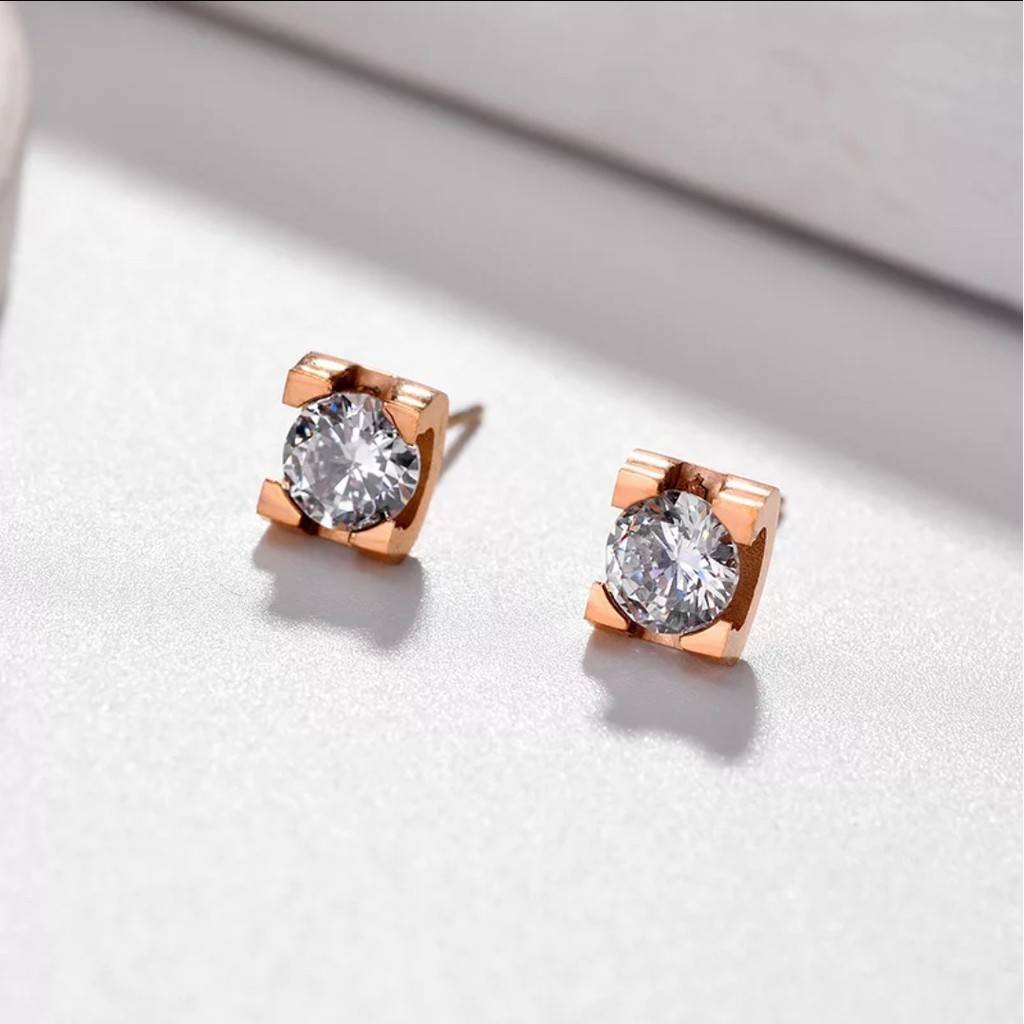 Anting Titanium THE ONE CRYSTAL Warna Rose Gold, Gold dan Silver