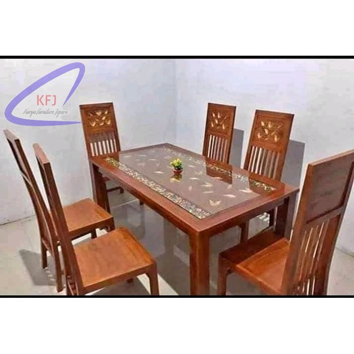 meja makan minimalis jati 6 kursi dan kaca