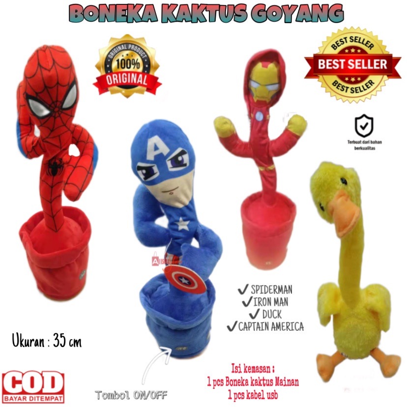 ( BISA COD ) PROMO MAINAN BONEKA KAKTUS GOYANG BISA MENARI DAN MENGELUARKAN SUARA / MAINAN KAKTUS GOYANG SPIDERMAN IRONMAN CAPTAIN AMERICA / MAINAN KAKTUS GOYANG USB