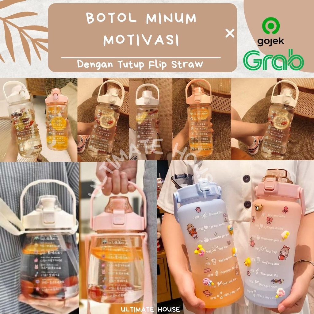 Botol Minum Motivasi Botol Minum Dewasa Dengan Tutup Flip Straw Botol Minum 1600ML Botol Minum 2L Botol Minum 2000ML Botol Minum Olahraga Botol Minum Penanda Waktu