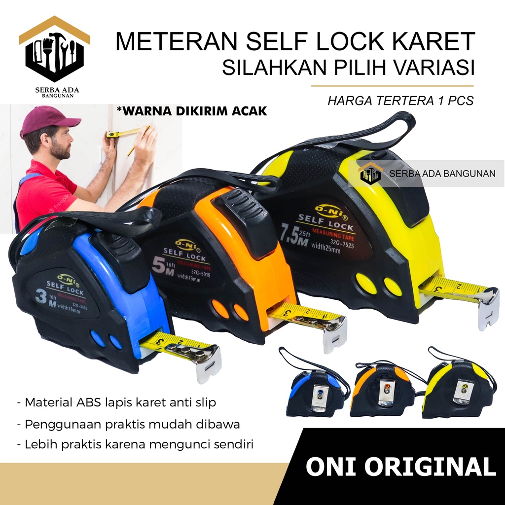 METERAN TANGAN ONI ORIGINAL 100%  SELF LOCK 3 M 5 M 7,5 M Meter Meteran Karet Otomatis Self Lock 10m ONI