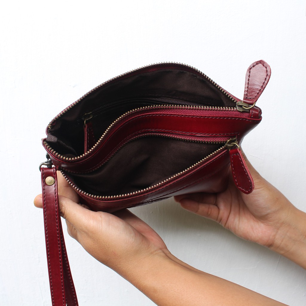 CLUTCH WANITA KULIT SAPI PULL UP ASLI LAILY DOUBLE ZIPPER MAROON / FREE GRAVIR NAMA