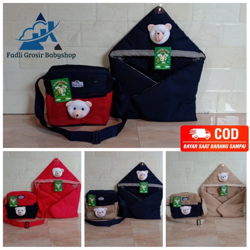 Paket Hemat ( 2 in 1 ) Tas Bayi Boneka Beruang Dan Selimut Bayi Topi Boneka Beruang