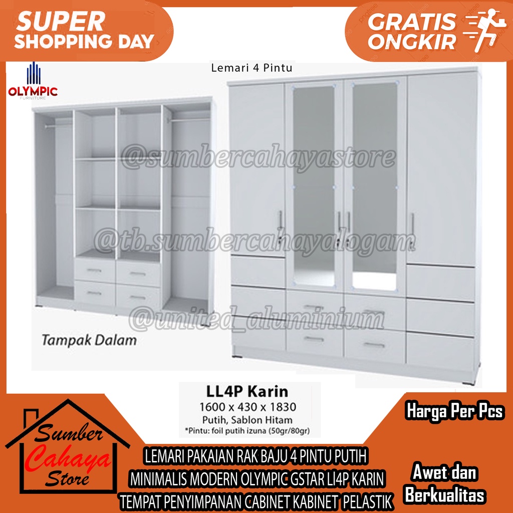 LEMARI PAKAIAN OLYMPIC GSTAR LL4P KARIN 4 PINTU PUTIH MINIMALIS RAK BAJU MODERN TEMPAT PENYIMPANAN C