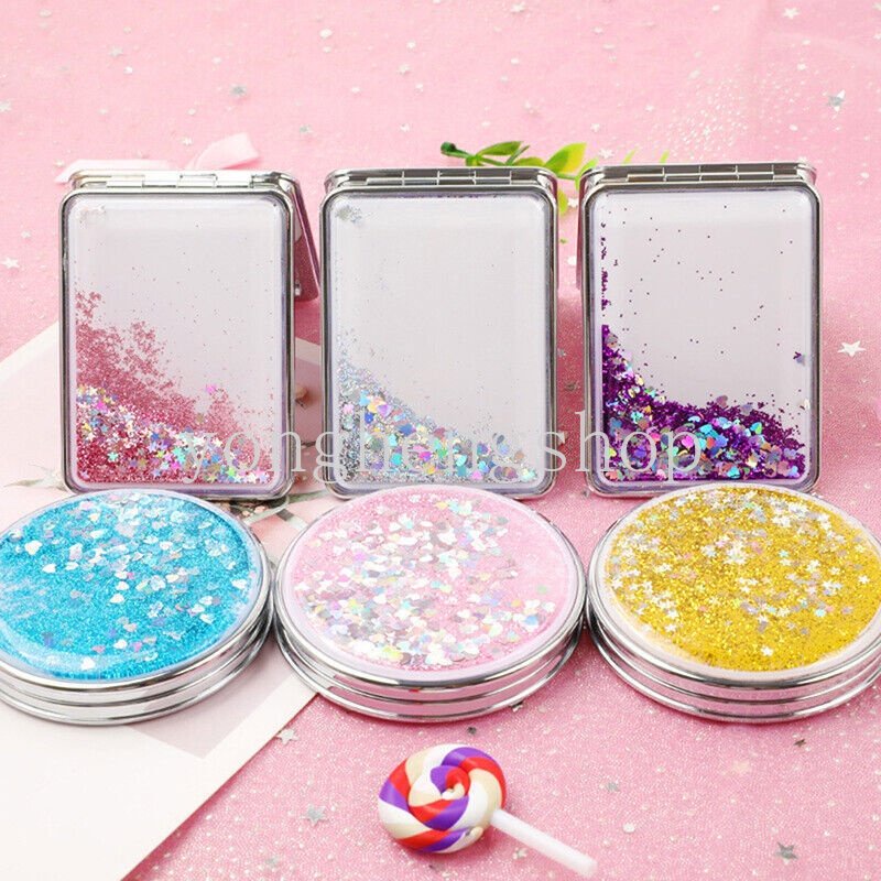 Cermin Saku Lipat Mini Portable Dua Sisi Motif Pasir Glitter Untuk Makeup / Kosmetik Wanita