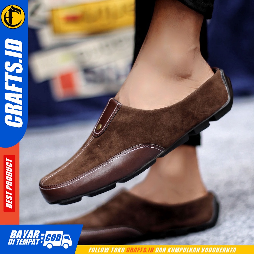 Sepatu Sendal Pria Casual Sepatu Slop Keren Kerja Outdoor Kulit Suede Original CRAFTS LUCCU