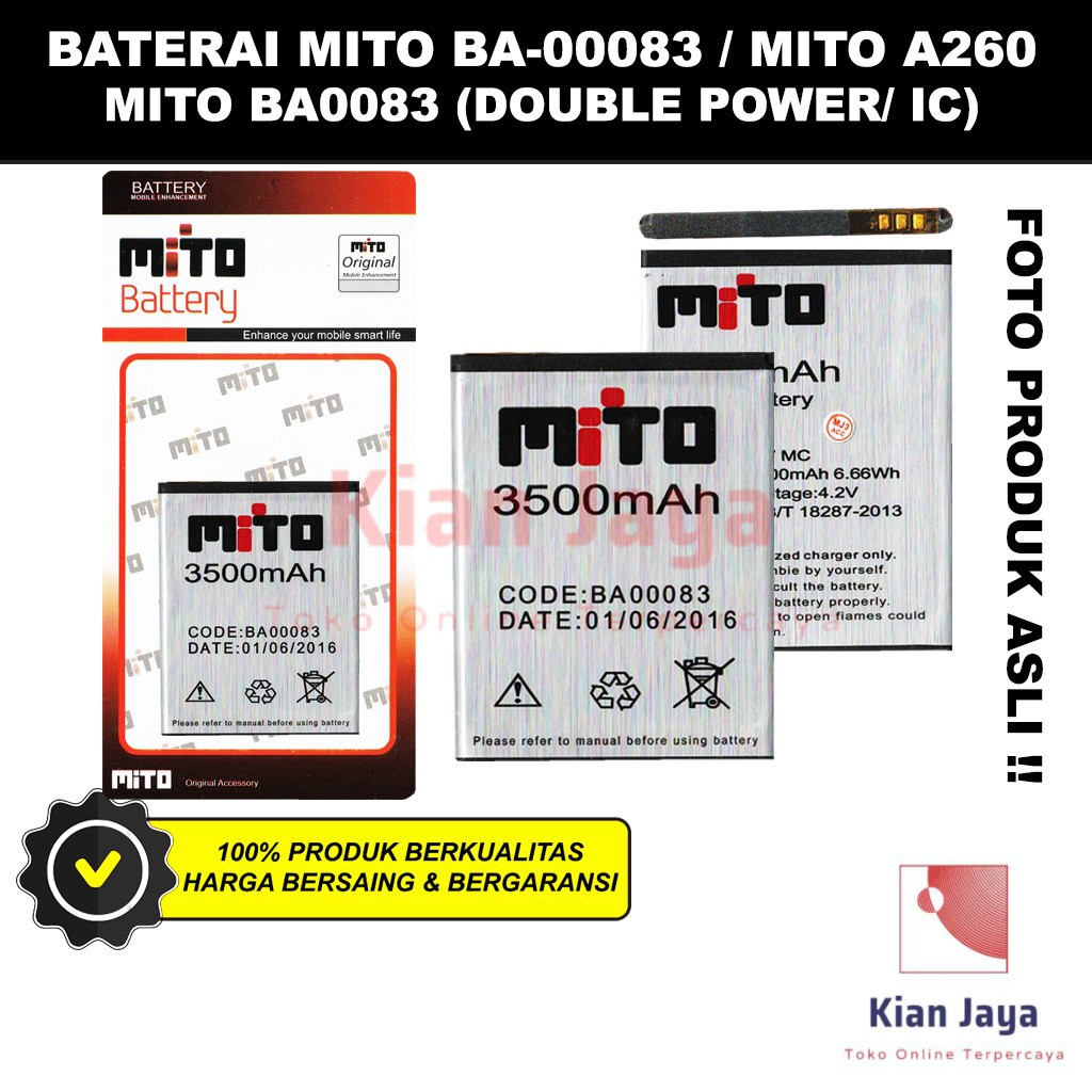 Baterai Mito BA-00083 A260 Original Double Power Batre Batrai Battery hP BA0083 BA00083 Ori