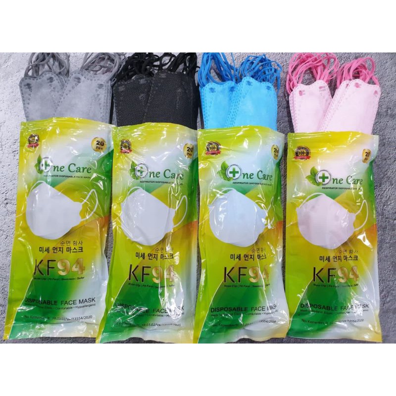 Masker KF94 isi 20 One Care Premium tali senada pink biru hitam abu grey blue ada emboss