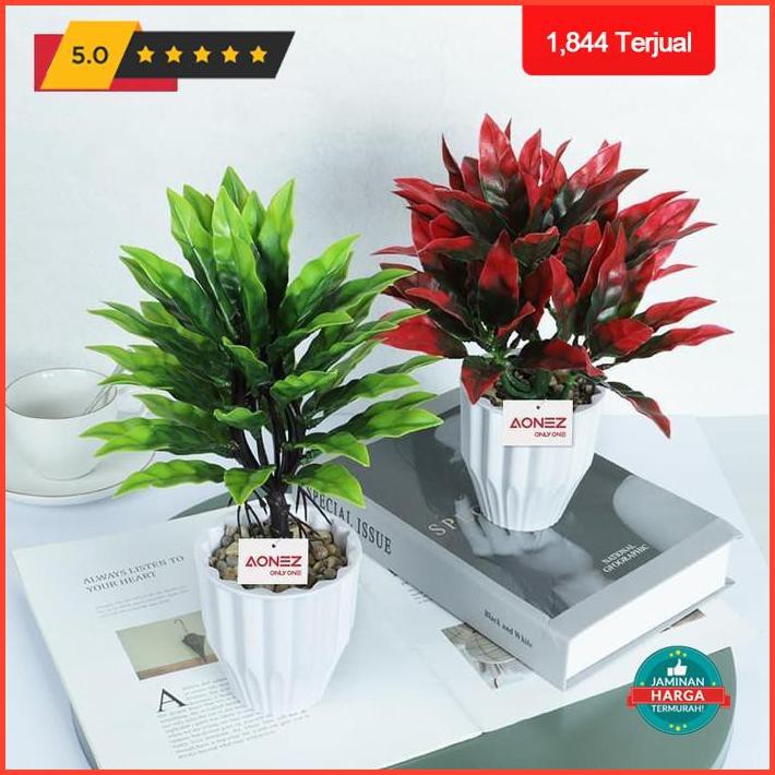 Dekorasi Rumah Aonez Bunga Hiasan Daun Paku Merah Dalam Pot Plastik Tanaman Artifical - Hijau, All
