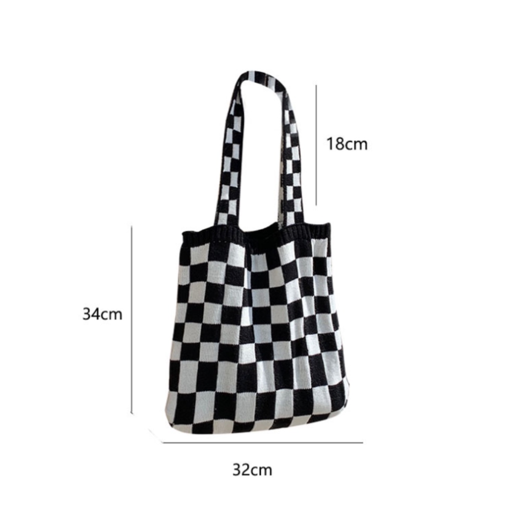 BEST-SELLER!! KOREAN KNITTED TOTEBAG CHECKERED BOARD