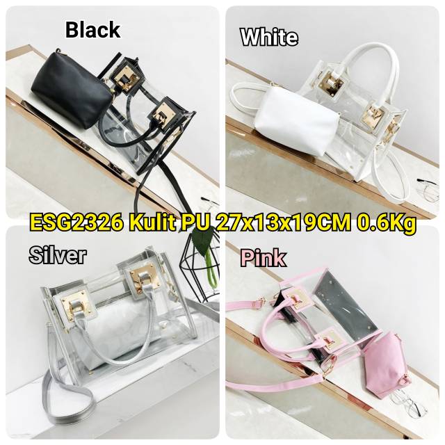 ESG2326 Tas Import Batam Hand Bag Wanita Transparan 2in1 set Simple Polos