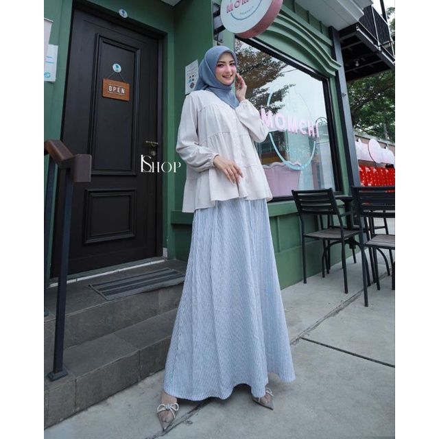Set Blouse Rok Diandra Steel Blue Cream