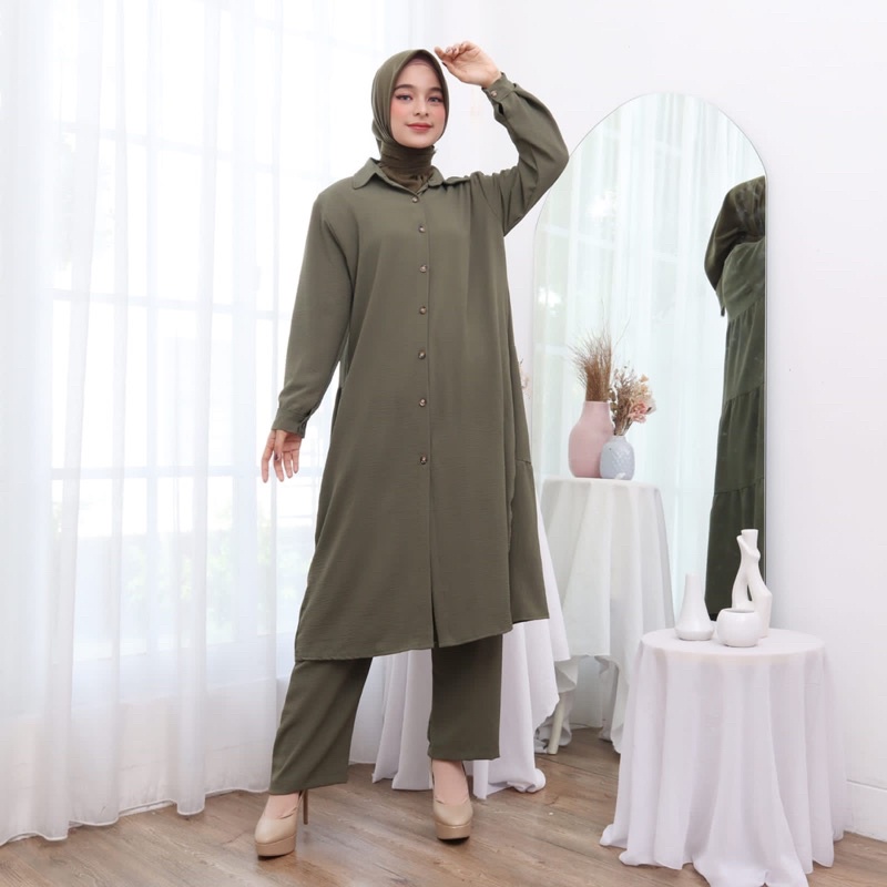 SETCEL TUNIK BELLA STELAN CELANA LONG TUNIK RAYON CRINKLE KANCING BUSUI BUMIL JUMBO BIGSIZE XXL KARET MELAR GROSIR