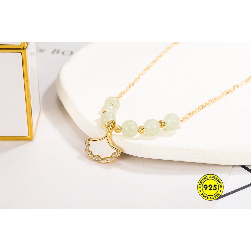 Kalung Rantai Sterling Silver 925 Dengan Liontin Daun Ginkgo Jasper Putih Untuk Wanita