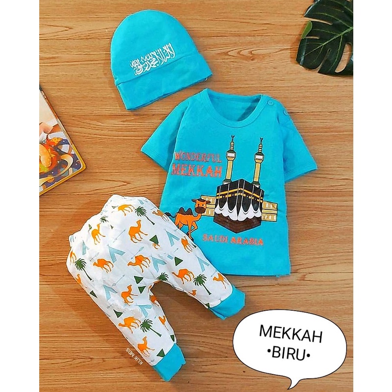 Baju bayi laki-laki setelan anak atasan dan celana karakter Mekkah free topi / 1 Ukuran