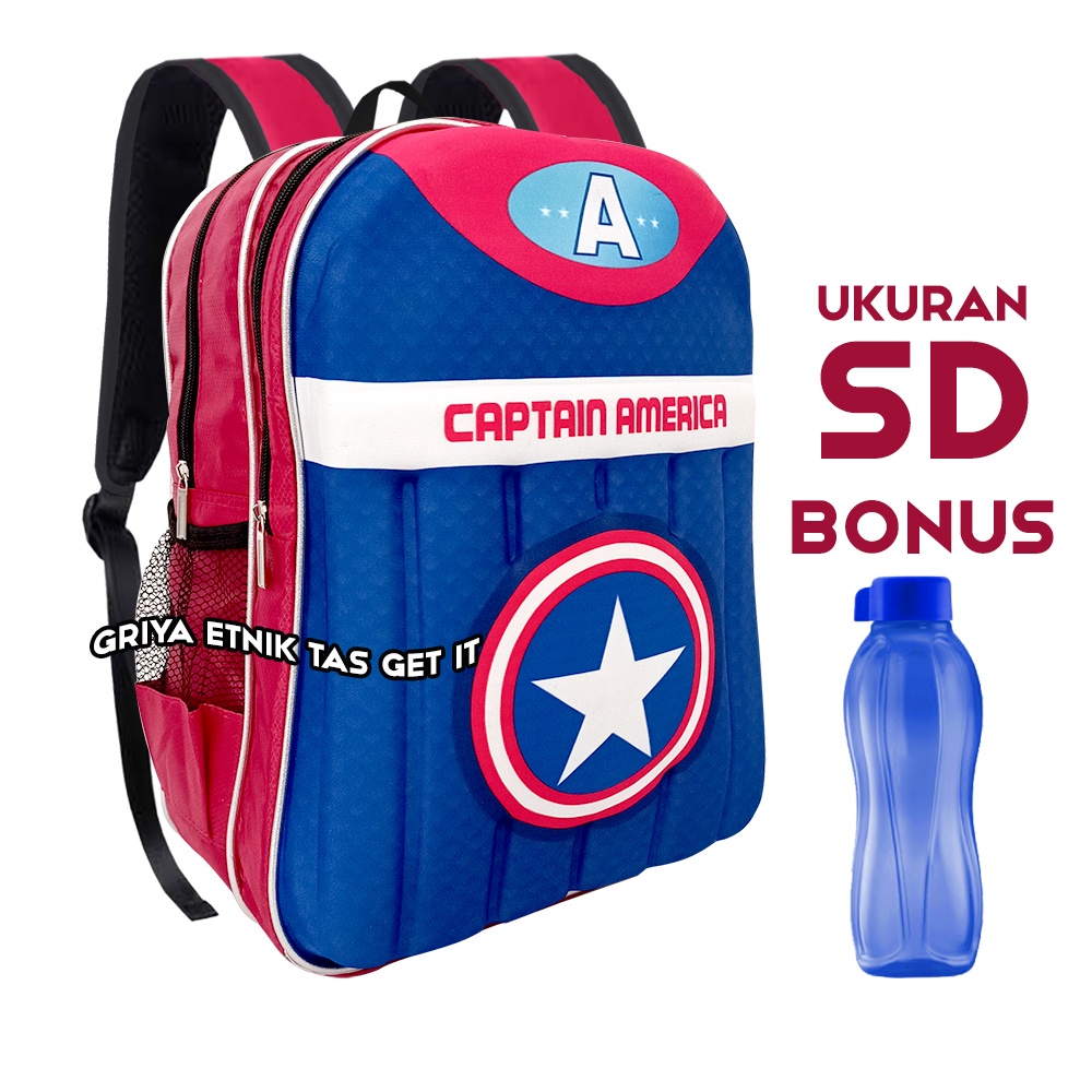 Tas Sekolah Anak Laki SD Batman Gambar Timbul Gratis Botol Minum Spiderman Ultraman Kapten Amerika Ransel Gendong Punggung Cowok Horizon