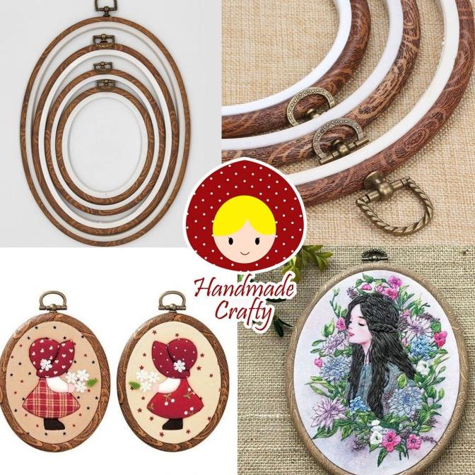 Pemidangan sulam oval/embroidery hoop oval motif kayu antik