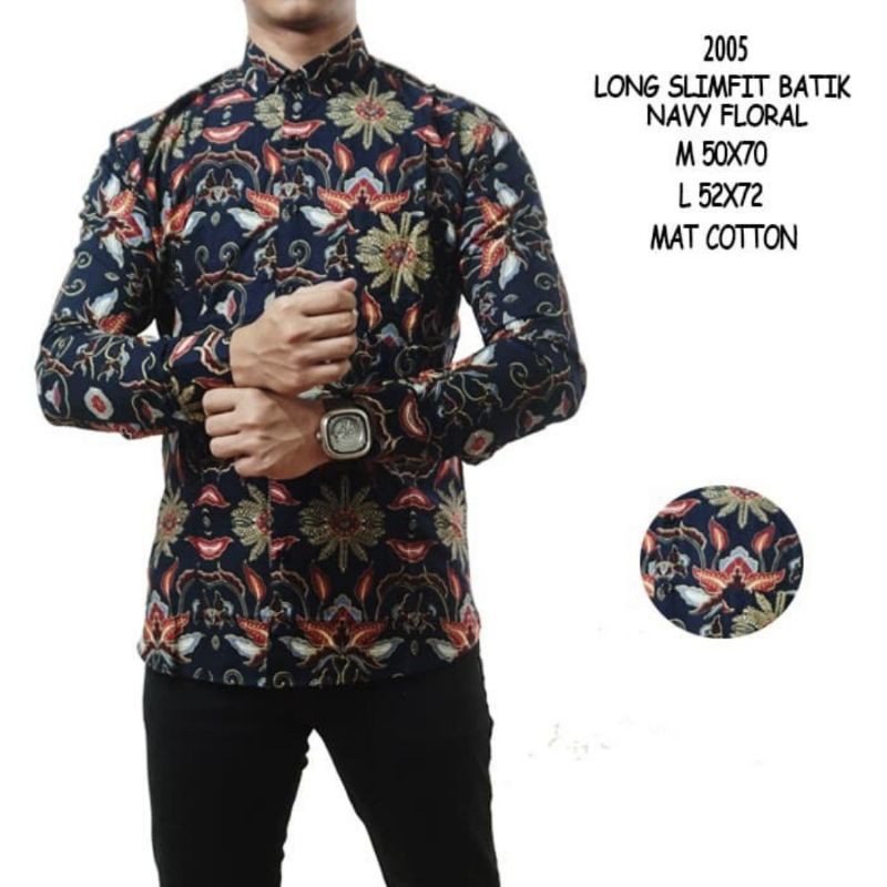 kemeja batik pria motif floral lengan panjang slimfit