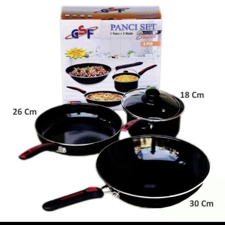 PANCI set Panci Wajan goreng panci ENAMEL ANTI LENGKET 3PCS panci + 1pcs Tutup Panci 2630