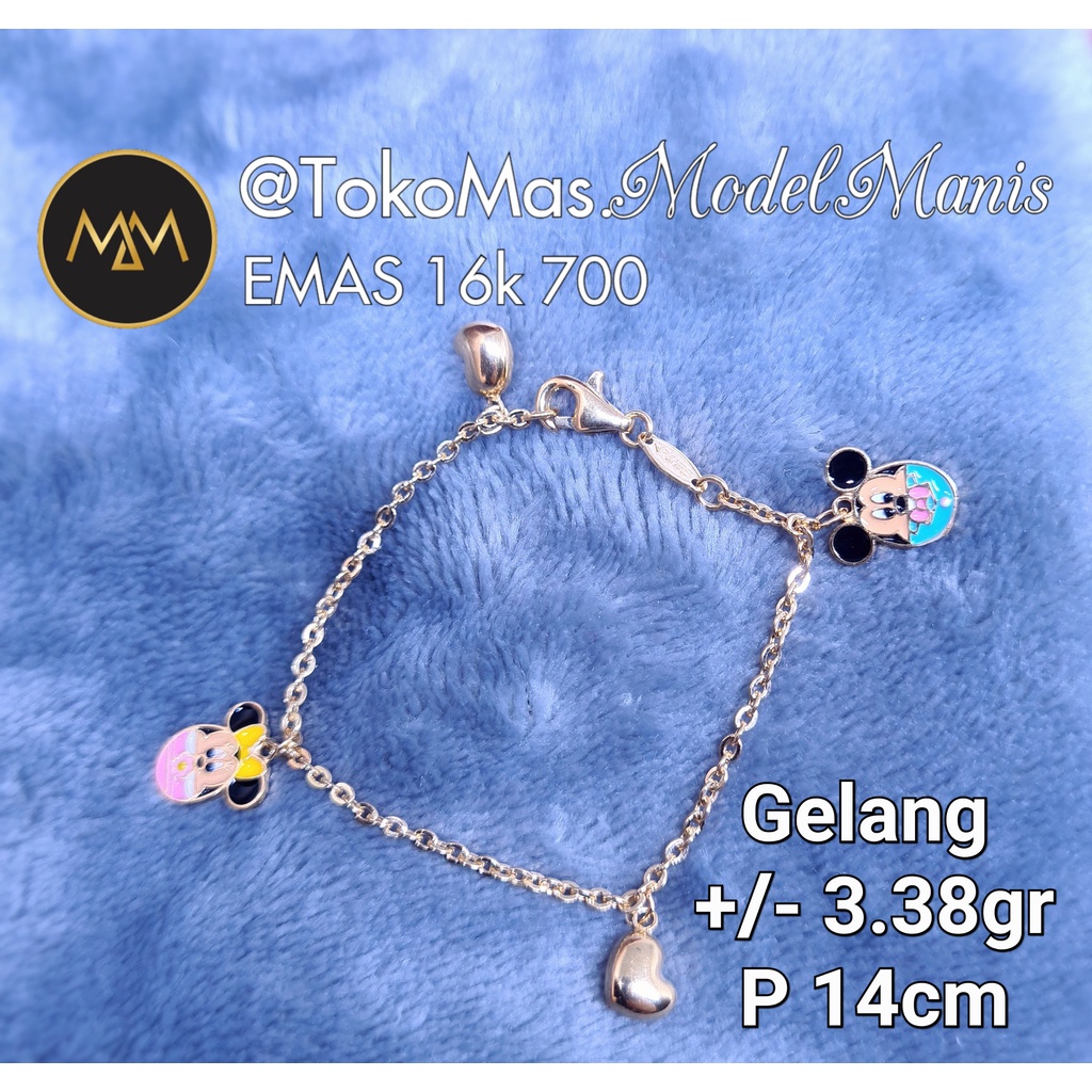 Gelang Rantai Anak Disney Mickey Minnie Ubs emas kuning 700 kadar 16k