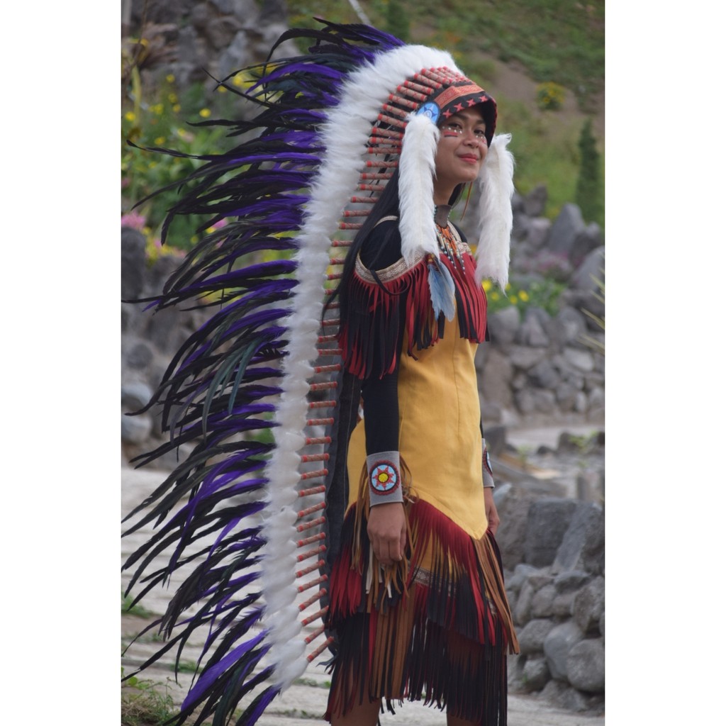 TOPI INDIAN - INDIAN HEADDRESS LONG AYAM BILABONG UNGU FUR PUTIH