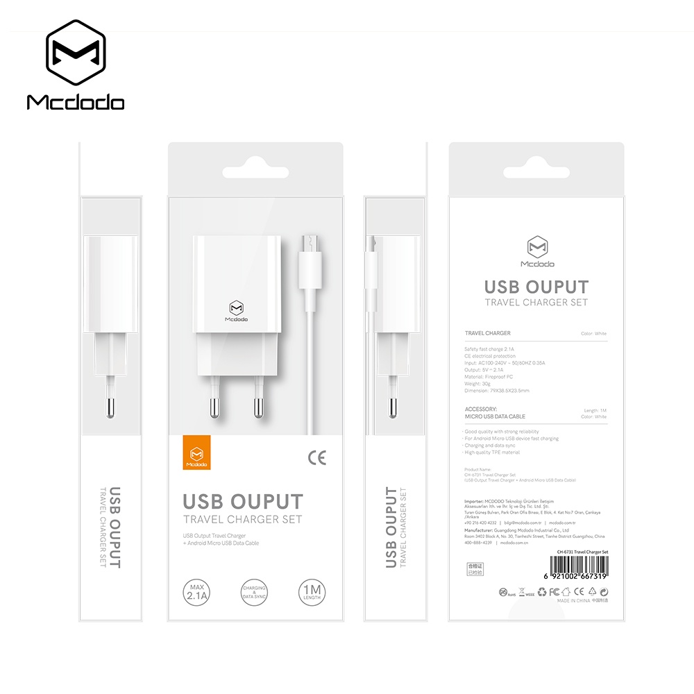 MCDODO Travel Charger Oppo A37 ,A39 ,A57 ,F1S Micro USB FAST Charge 10W / 2.1A-3