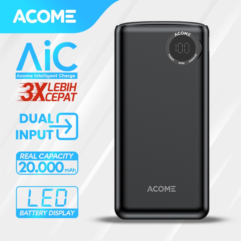 ACOME POWERBANK 20000mAh FAST CHARGING LED DISPLAY DUAL INPUT &amp; OUTPUT GARANSI RESMI 18 BULAN AP202