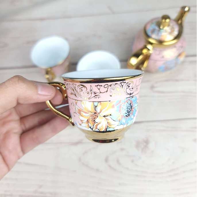 Teko Cangkir Keramik Set 4 Cups 1 Pot Tea Set Motif Bunga Eropa