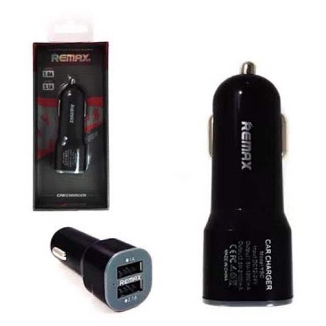 (REMAX) Adaptor Car Charger Dual Port Usb Kepala Charger Mobil 2.1A Black Good Quality