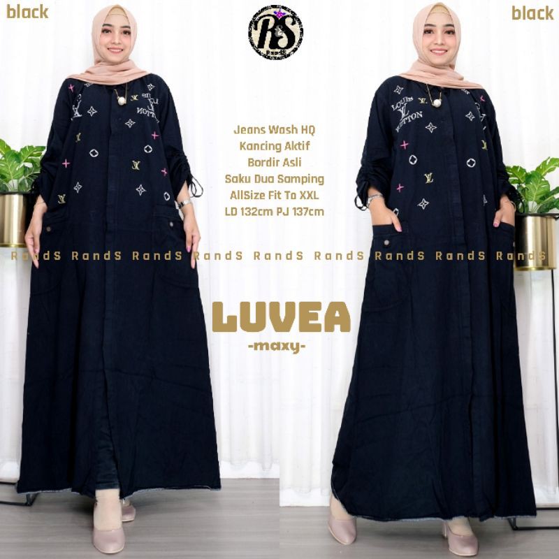 LUVEA gamis maxy jeans hitam levis wanita new bestseller bordir elvi jumbo busui bigsize XXL LD130cm