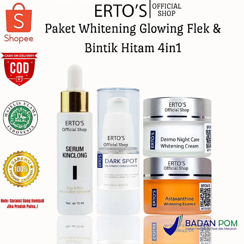 Ertos Paket Whitening Glowing Flek Dan Bintik Hitam Ampuh 4in1 (SERUM KINCLONG, DARK SPOT SERUM, AST