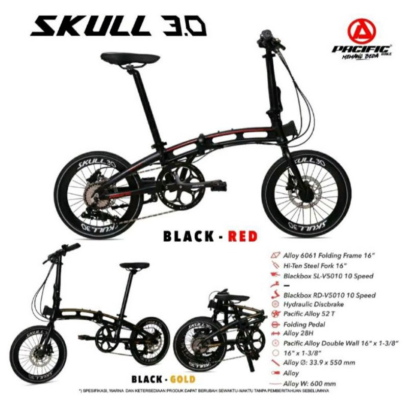 Sepeda Lipat 16 inch Pacific Skull 3.0 10 Speed Alloy Hidrolik Double Disc