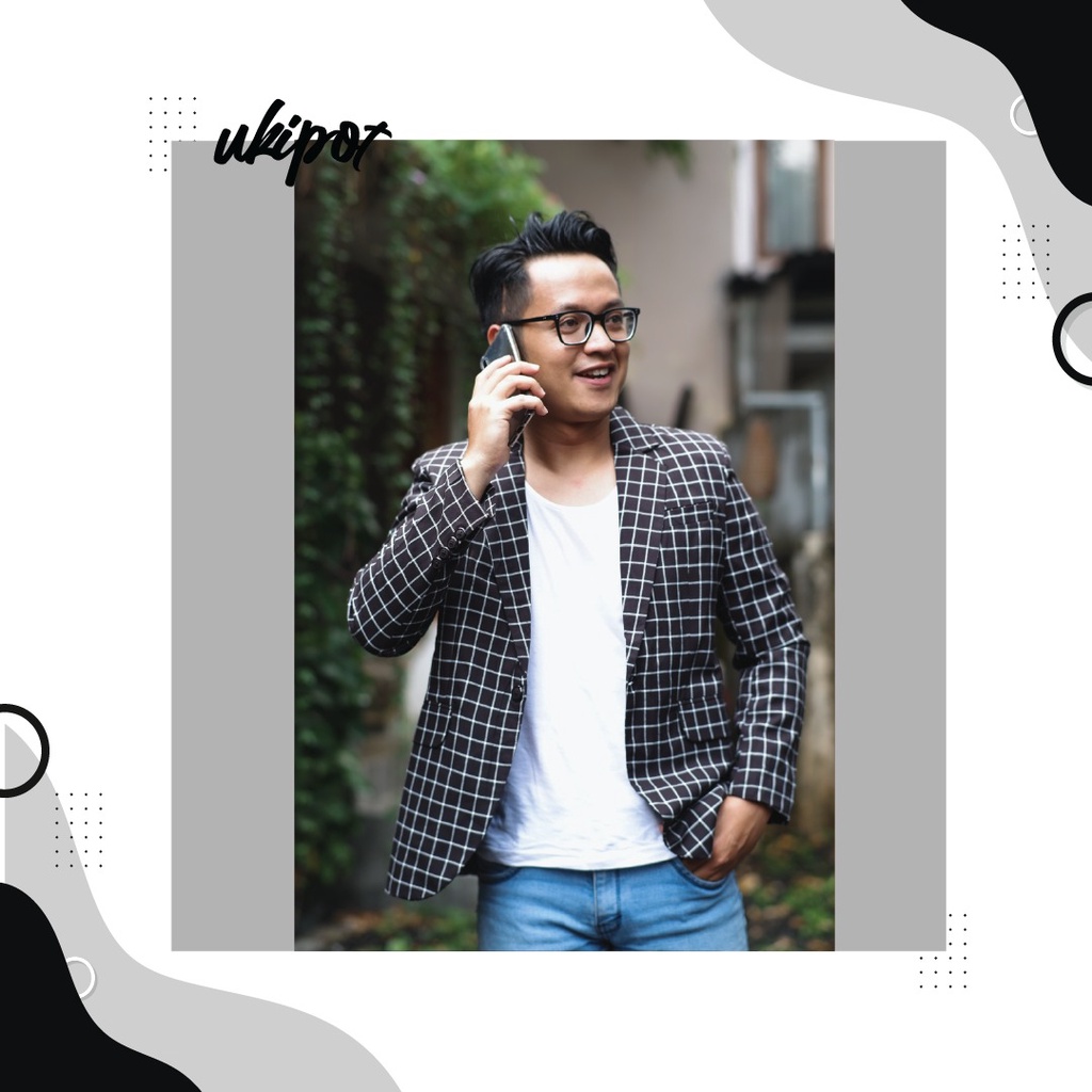 jas blazer pria kotak kotak hitam garis putih slimfit casual blazer