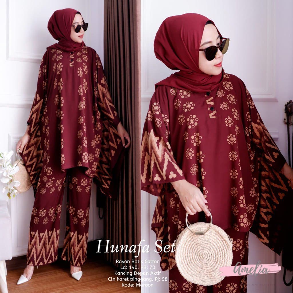 One Set Hunafa - One Set Jumbo Rayon Tie Dye Premium Waka Waka Setelan Wanita Celana Panjang Set Bigsize LD 140 cm